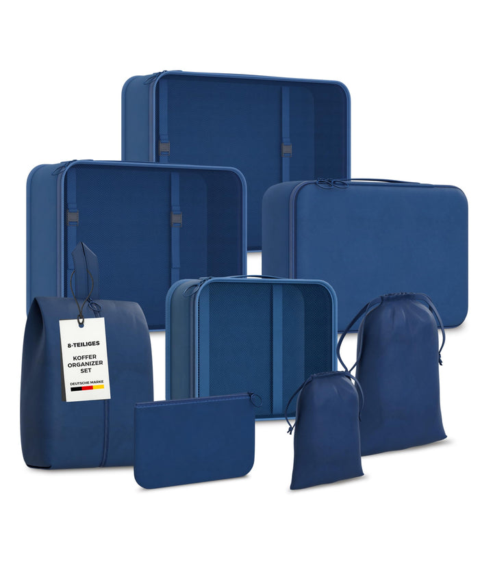 Yunik® Koffer Organizer Set 8-teilig Blau – Kompressionstaschen für Kleidung, Schuhe & Technik – Pac