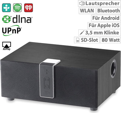 auvisio TV Lautsprecher: WLAN-Multiroom-Lautsprecher mit Subwoofer, BT, Airplay, 80 W, schwarz (WLAN