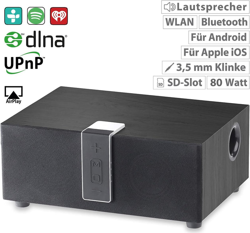 auvisio TV Lautsprecher: WLAN-Multiroom-Lautsprecher mit Subwoofer, BT, Airplay, 80 W, schwarz (WLAN
