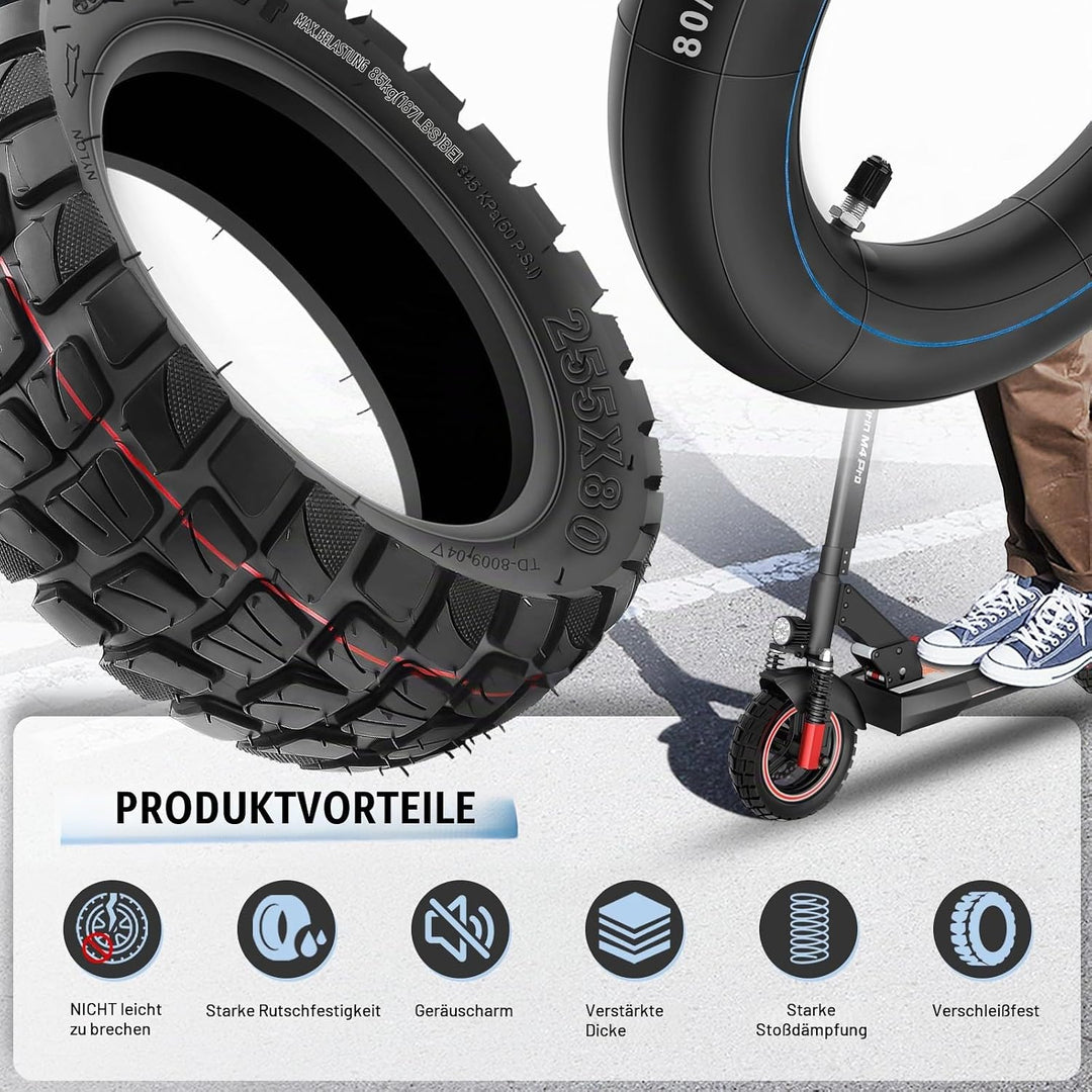 255x80 Reifen und Schlauch mit Silber Ventil Gerade, 10 x 3 Zoll Offroad Ersatzreifen Schlauch E Sco