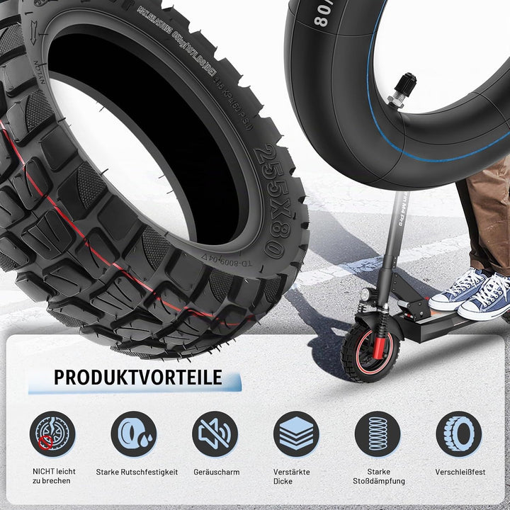 255x80 Reifen und Schlauch mit Silber Ventil Gerade, 10 x 3 Zoll Offroad Ersatzreifen Schlauch E Sco