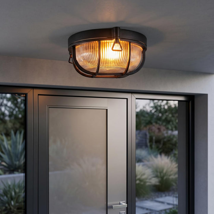HOFSTEIN Aussendeckenleuchte Godel, Aussendeckenlampe aus Metall/Riffelglas in Schwarz/Klar, Deckenl