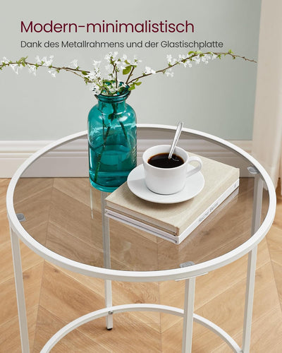 VASAGLE Beistelltisch, rund, Tischplatte aus Hartglas, Rahmen aus Metall, Sofaspitze, Konsolentisch,