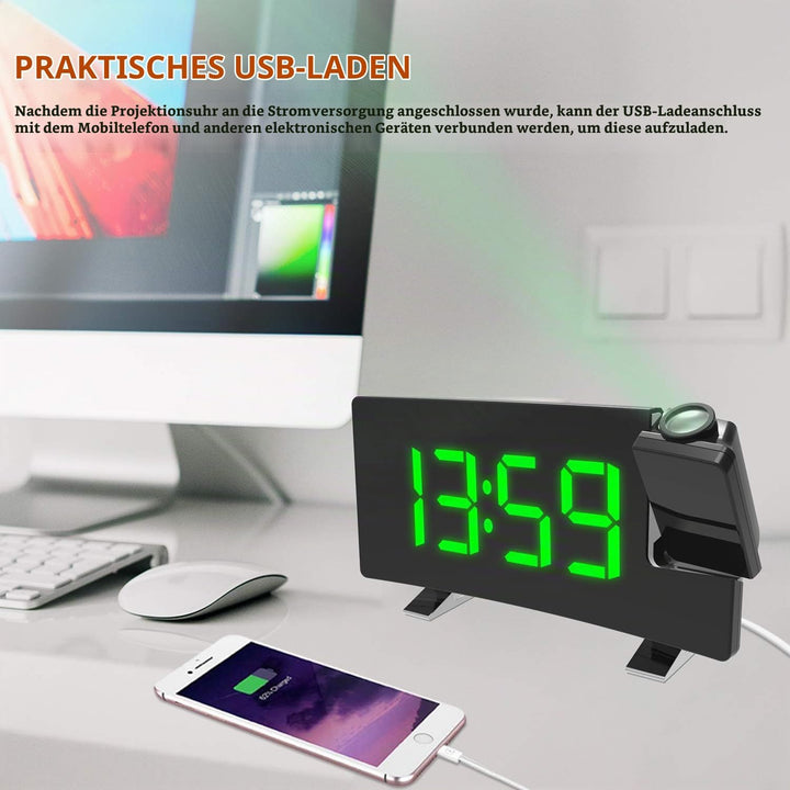 ThreeH Projektionswecker LED-Bildschirm 4 einstellbare Helligkeit Digitale Funkuhr mit USB-Telefon-L