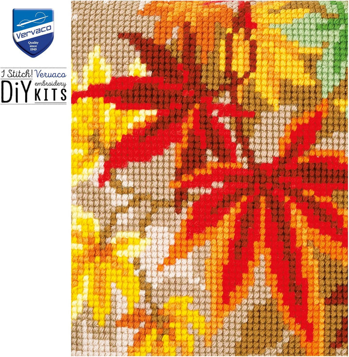 Vervaco PN-0157754 Kreuzstichkissen Herbstblätter Kreuzstichset, Baumwolle, mehrfarbig, 40 x 40 cm /
