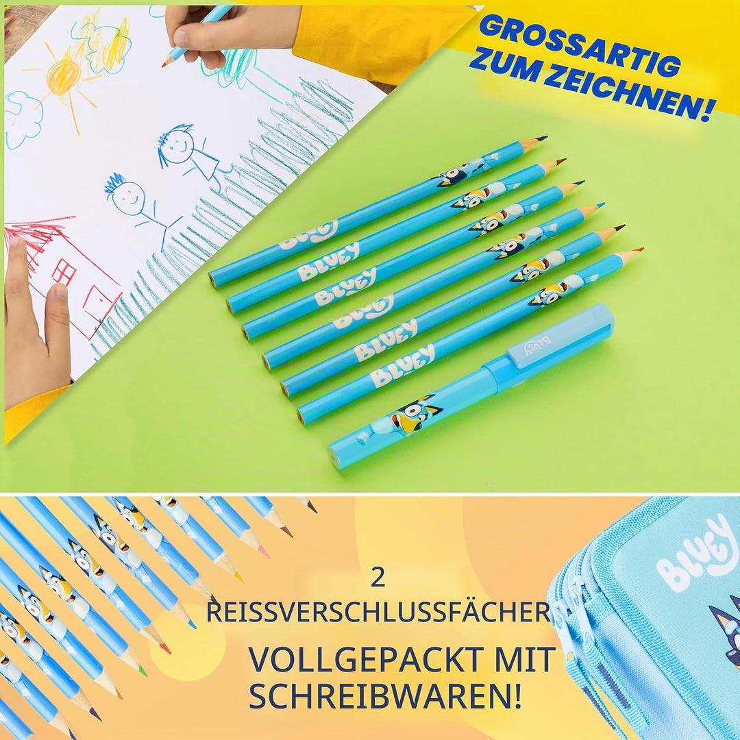 BlueY Federmäppchen Kinder 2-Fach Gefülltes Doppelmäppchen mit Schul Sachen &amp; Schreibwaren