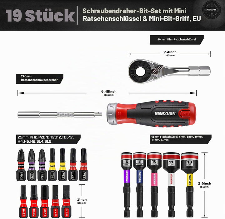 GEINXURN Ratschen Schraubendreher und Magnetischer Bithalterung 19tlg Mini-Ratschenschlüssel für Hei