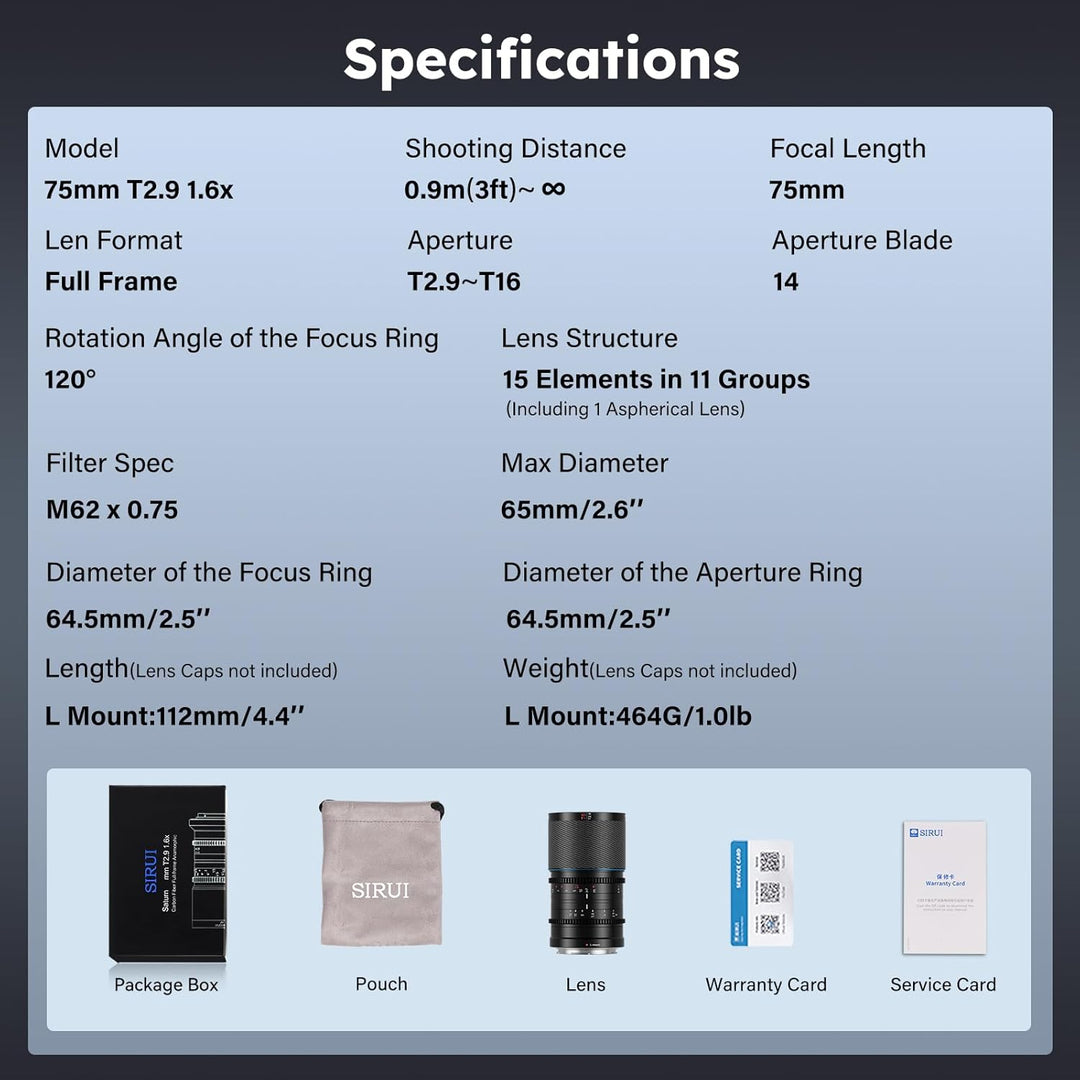 SIRUI Saturn 75mm T2.9 1.6X Vollformat Kohlefaser anamorphe Linse, Cine Objektiv weniger als 500 g (