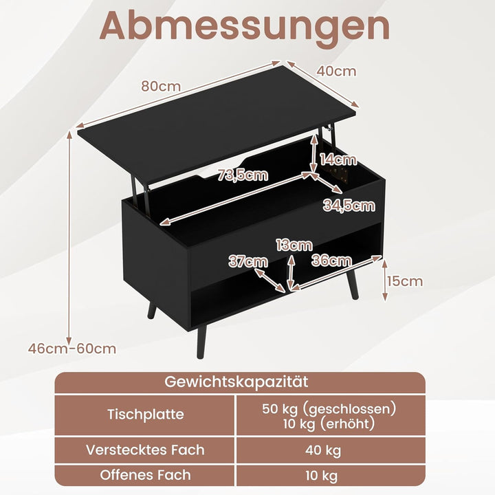 COSTWAY Couchtisch höhenverstellbar, Sofatisch mit anhebbarer Tischplatte & 2 offenen Regalen, auszi