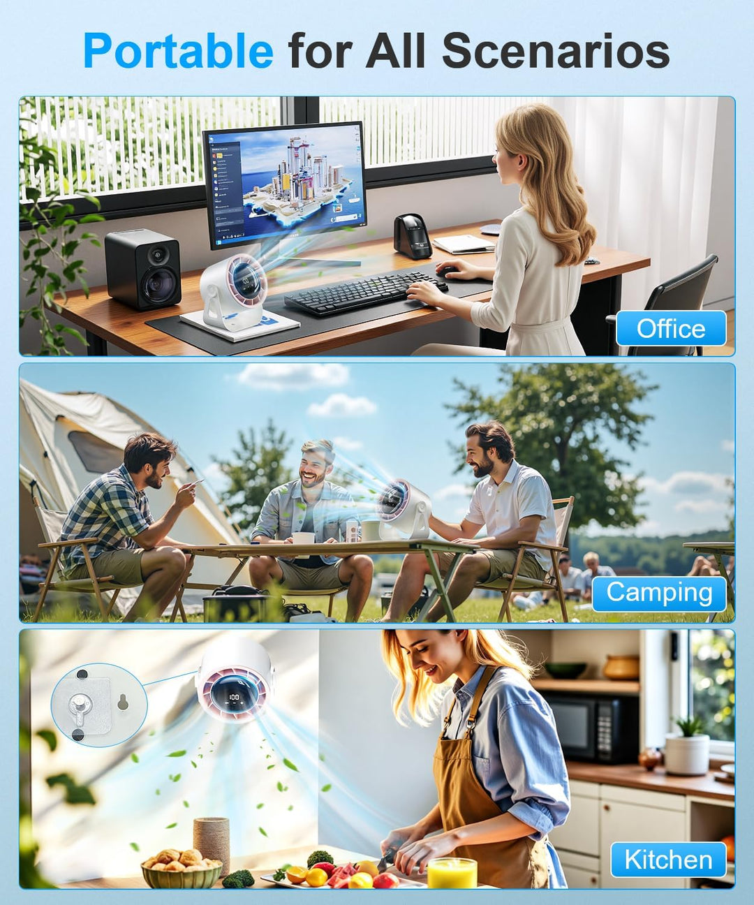 Macchiatto Tischventilator USB mit Akku, Leiser Mini Ventilator, 4 Geschwindigkeiten, 360° Verstellb