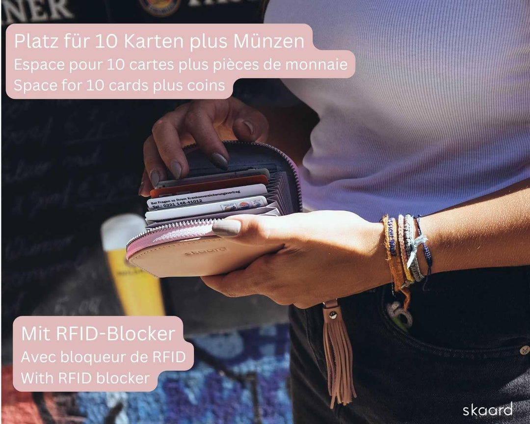 skaard Kleine Geldbörse Damen aus rosa Echtleder, Mit Toddel und RFID Schutz