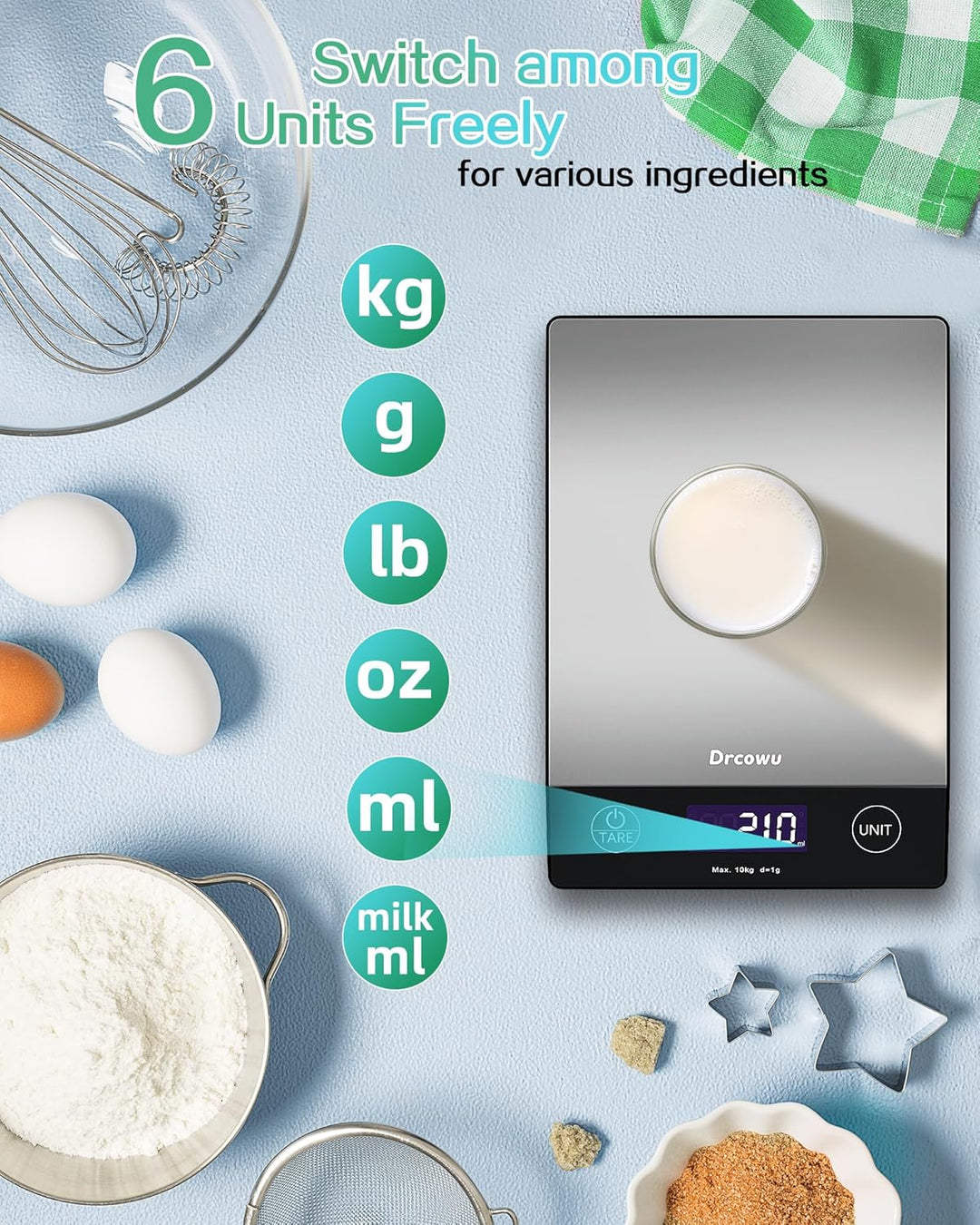Drcowu Küchenwaage Digitale 10 kg, Waage küche Digital mit LCD-Anzeige, Multifunktions-Lebensmittelw