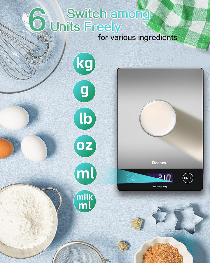 Drcowu Küchenwaage Digitale 10 kg, Waage küche Digital mit LCD-Anzeige, Multifunktions-Lebensmittelw