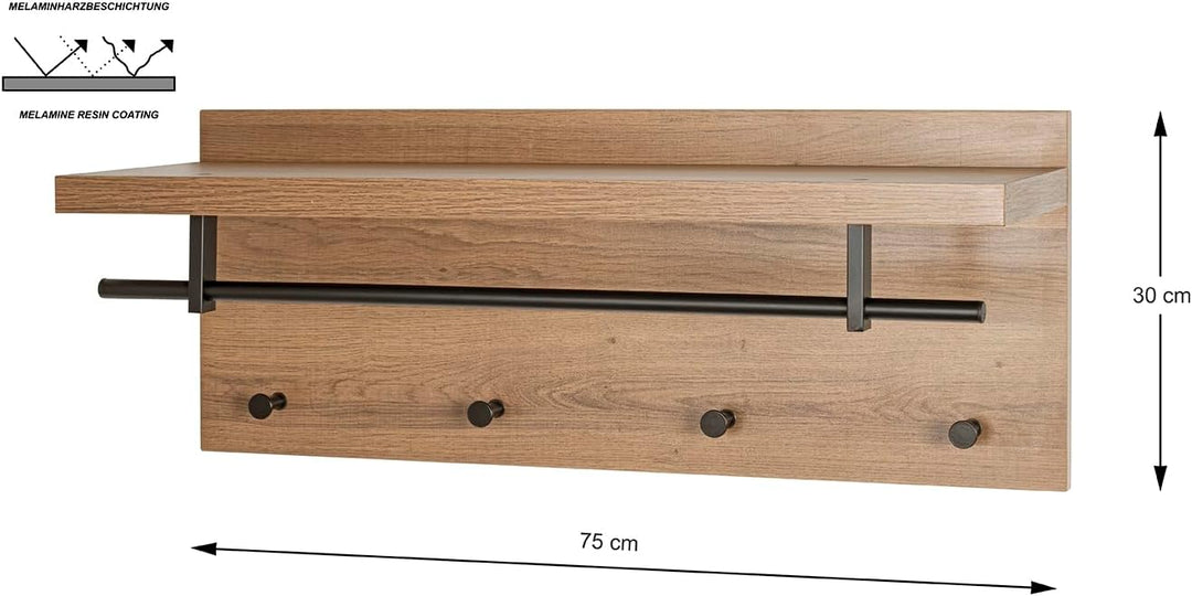 HAKU Möbel Wandgarderobe, eiche, schwarz, 75 x 26 x H 30