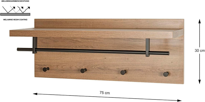 HAKU Möbel Wandgarderobe, eiche, schwarz, 75 x 26 x H 30