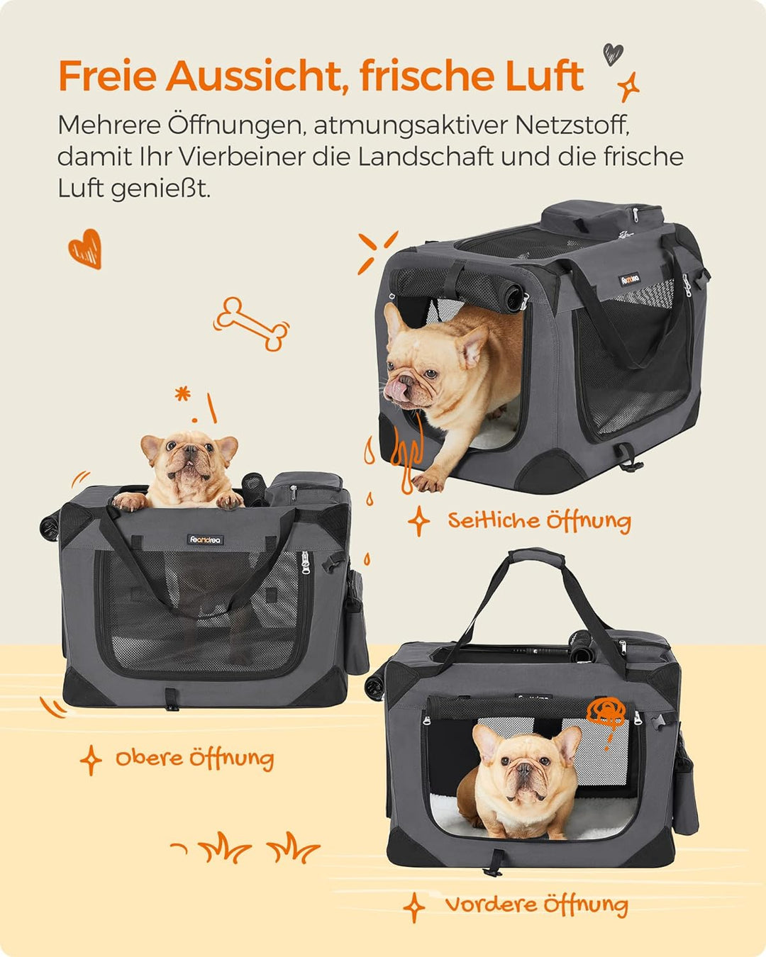 Feandrea Hundebox faltbar, Transportbox Hund, Grösse M, Hundetasche, Oxford-Gewebe, Netzstoff, atmun