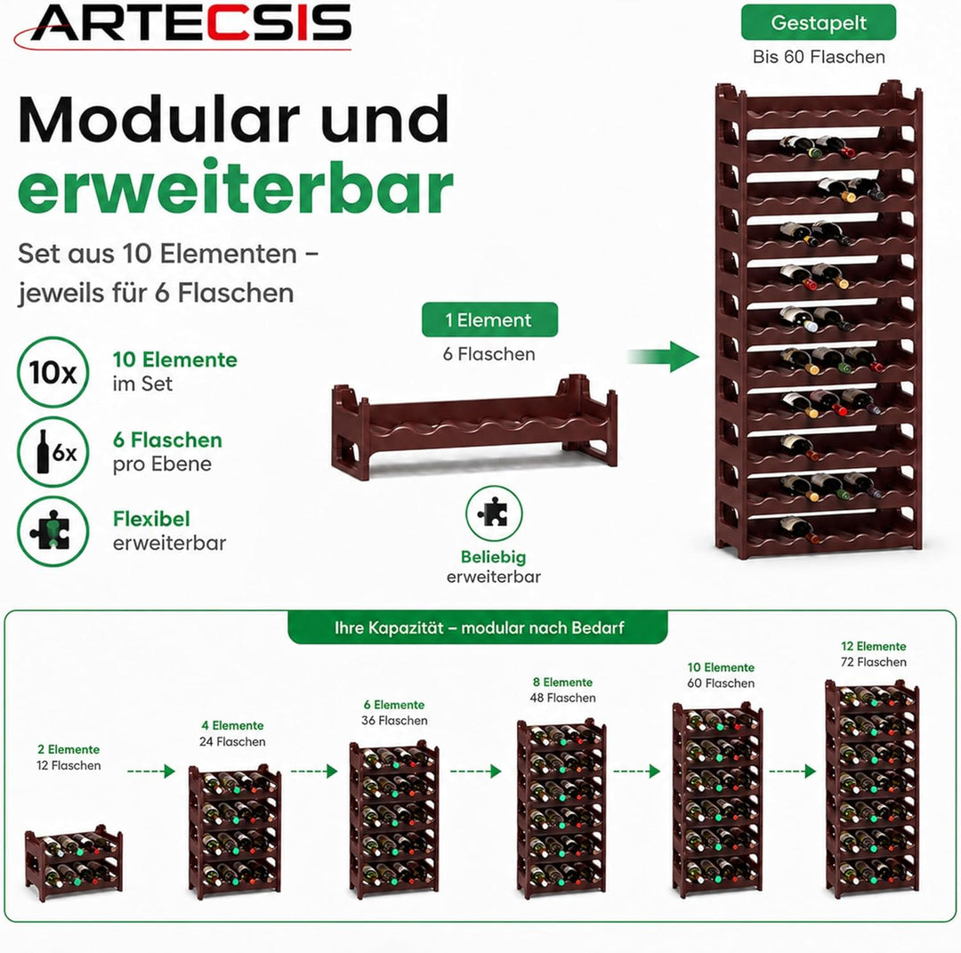 ARTECSIS Weinregal stapelbar Kunststoff für 60 Flaschen, stabiles leichtes Flaschenregal für Keller,