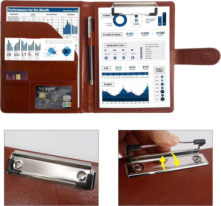 Schreibmappe A5 Klemmbrett Mappe mit Magnetischer Verschluss, organizer büro mappe, Braun Ordner, Do