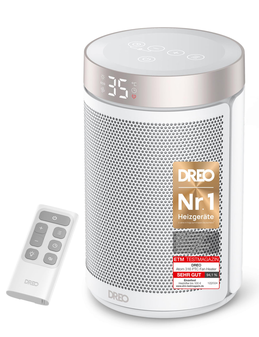 Dreo Energiesparender Heizlüfter, 34 dB Leiser 1500W Elektrischer PTC Keramik, Thermostat, 3 Modus 3