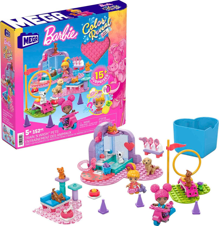 MEGA HHP89 - Barbie Color Reveal Bauspielzeug, Tiere zum Trainieren und Waschen mit 2 kleinen Barbie