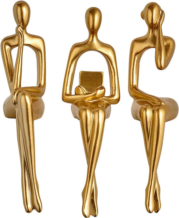 XYQXYQ Sitzende Figur, Abstrakte Skulptur Einer Denkenden Person auf einem Bücherregal, Goldfigur De