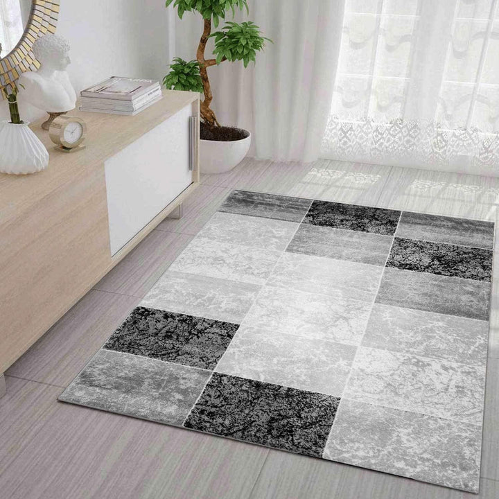 VIMODA Teppich Kurzflor Modern Kariert Marmor Muster Meliert in Grau Schwarz Weiss für Wohnzimmer, S