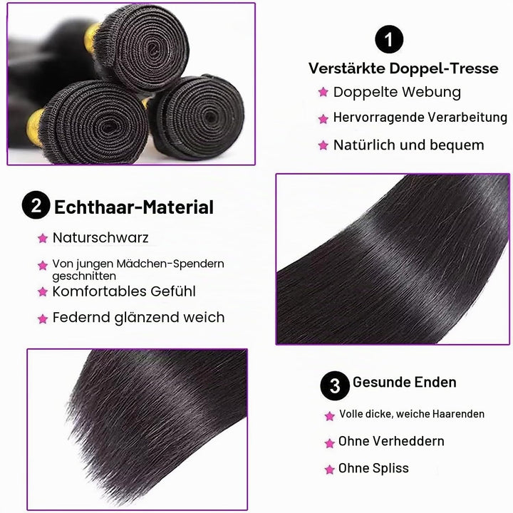 Haarverlängerung - Echthaar-Bündel mit Verschluss, 100% Unverarbeitetes Brasilianisches Echthaar, 3