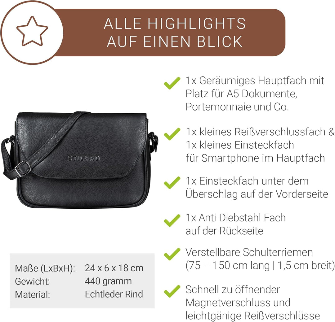 STILORD 'Esther' Damen Handtasche Umhängetasche Echtleder Vintage Ledertasche zum Ausgehen klassisch