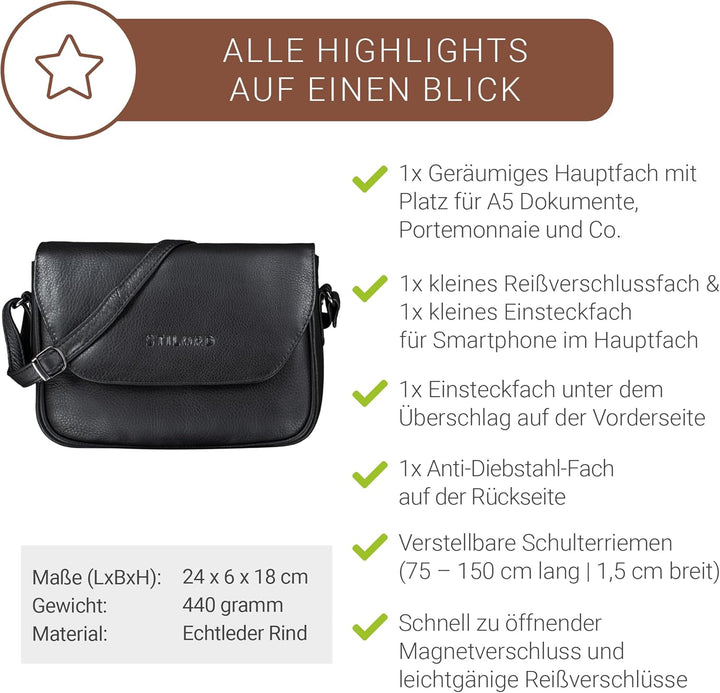 STILORD 'Esther' Damen Handtasche Umhängetasche Echtleder Vintage Ledertasche zum Ausgehen klassisch