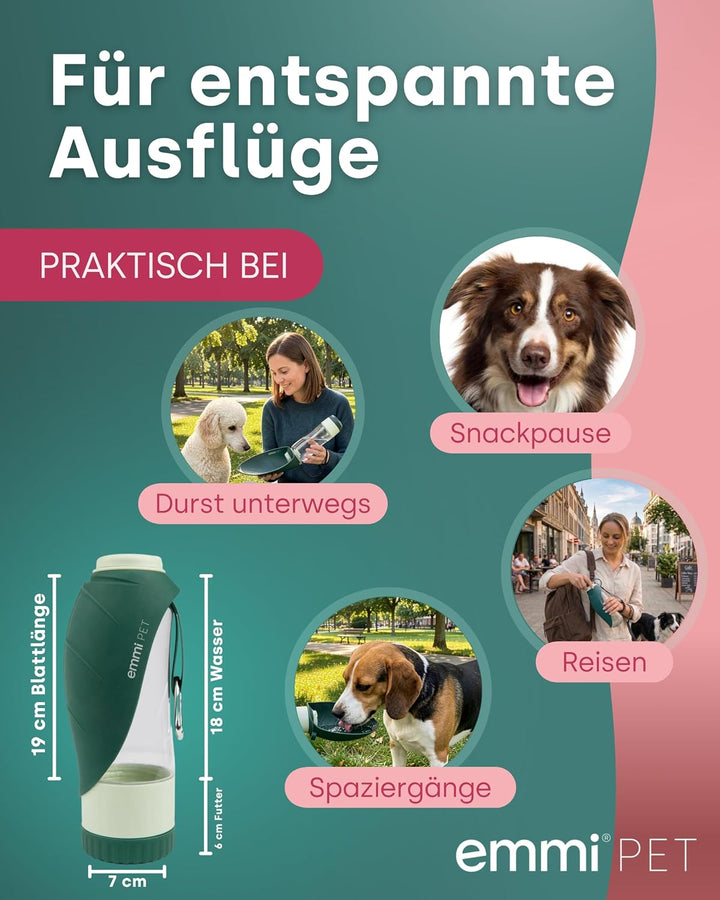 emmi-PET 2-in-1 Hundetrinkflasche mit Futterbehälter in Dunkelgrün I 600 ml Wasser & 150 ml Snacks I