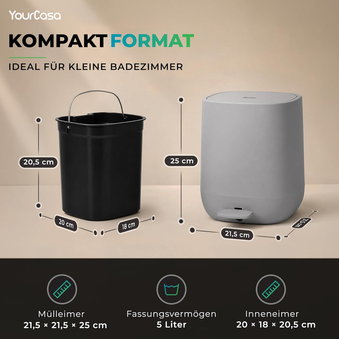 YourCasa® Mülleimer Bad [5L] - Elegantes Design - Badezimmer Mülleimer Klein - Kosmetikeimer Bad Mül