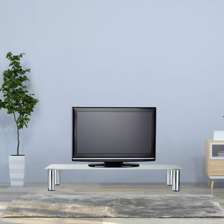 Relaxdays, weiss/Silber TV-Tisch Glas, verchromte Metallbeine, Bildschirmerhöhung, rechteckig, Glasa