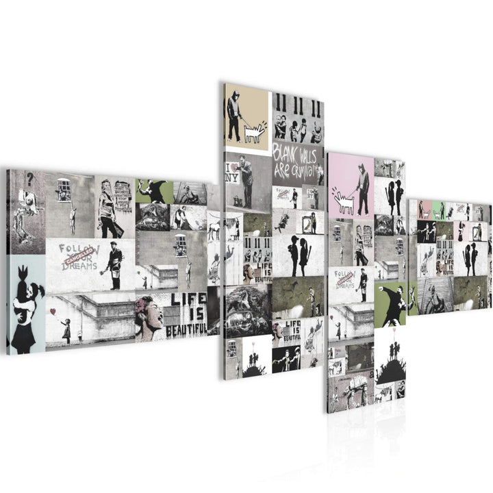 Runa Art Bild Modern Collage Banksy - Made in Germany - Wandbilder Street Art Grau 4 Teilig 302742b