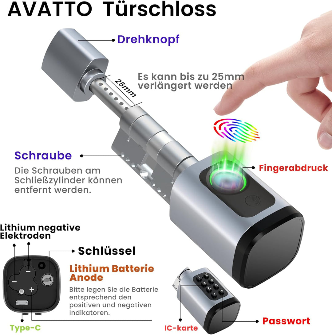AVATTO Smart Türschloss mit Fingerabdruck & Passwort für 60-90mm Türen, Elektronischer Schliesszylin