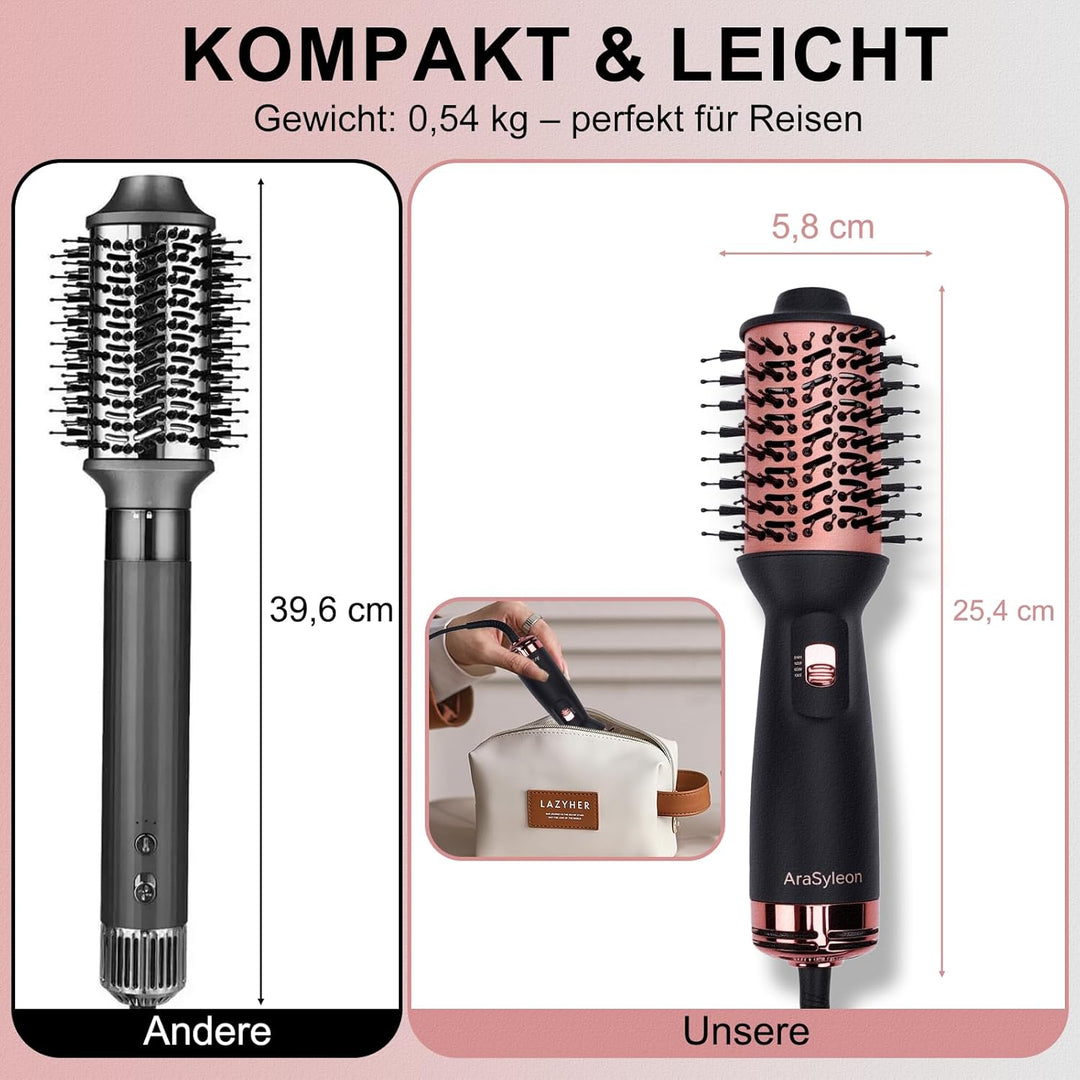 Reise Warmluftbürste, Föhnbürste mit 3 Temperaturstufen für Glätten & Locken, Leicht (275g) Dual Vol