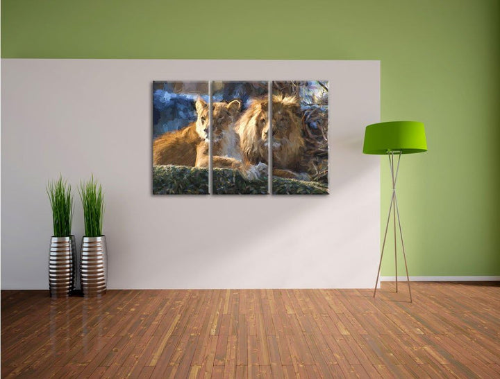 Pixxprint interessiertes Löwenpaar Kunst als Leinwandbild/Grösse: 3 Teilig (120x80) cm/Wandbild/Kuns