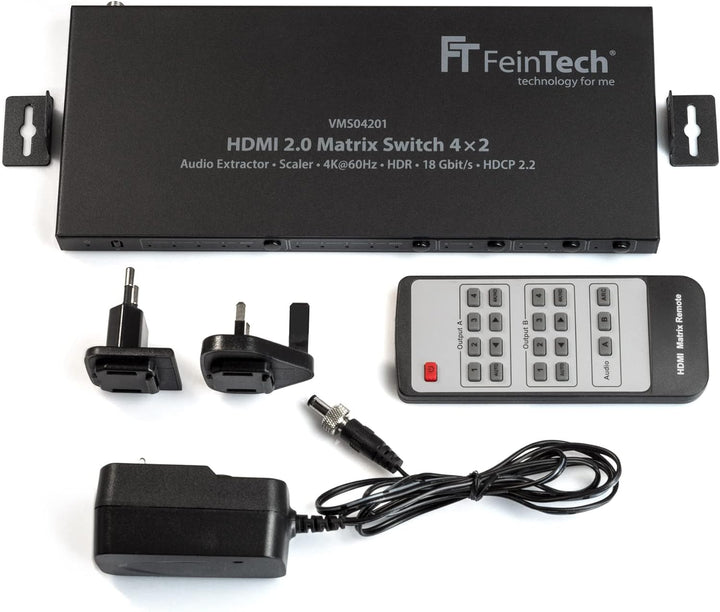 FeinTech VMS04201 HDMI Matrix Switch 4x2 mit Audio Extractor Scaler Ultra-HD 4K 60Hz HDR 2x4, mit AR