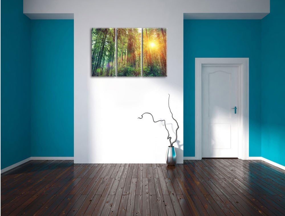 Pixxprint Wald bei Sonnenlicht / 3-Teilig/Gesamtmass 120cm Leinwandbild bespannt auf Holzrahmen/Wand