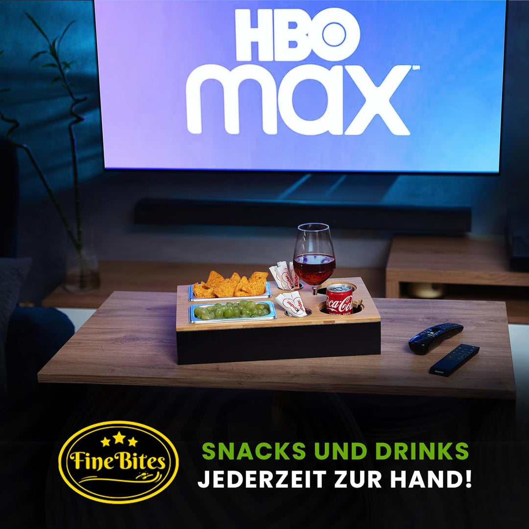 Couchbar Snackbox für 2 aus Bambus – Snackbar Sofatablett mit Getränkehalter & 2 Snackschalen – Couc