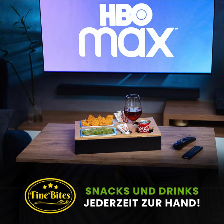 Couchbar Snackbox für 2 aus Bambus – Snackbar Sofatablett mit Getränkehalter & 2 Snackschalen – Couc