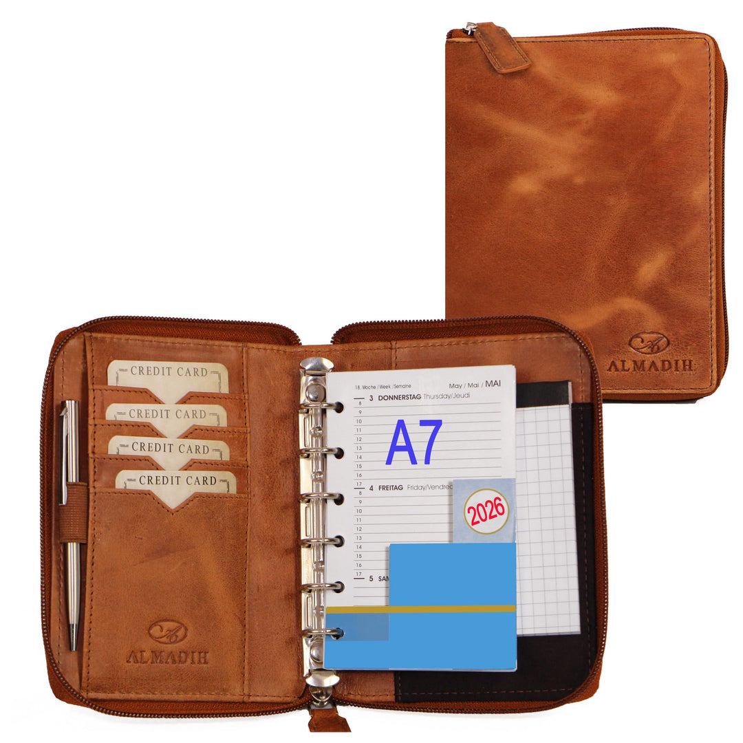 ALMADIH Leder A7 Organizer mit Reissverschluss + Kalender 2025 2026 Notizblock Premium Rindsleder Br