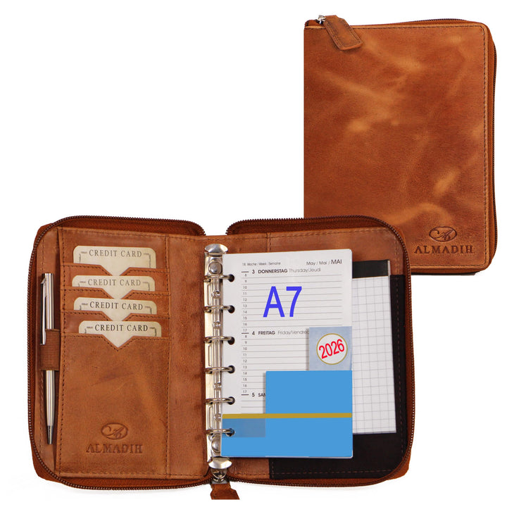 ALMADIH Leder A7 Organizer mit Reissverschluss + Kalender 2025 2026 Notizblock Premium Rindsleder Br