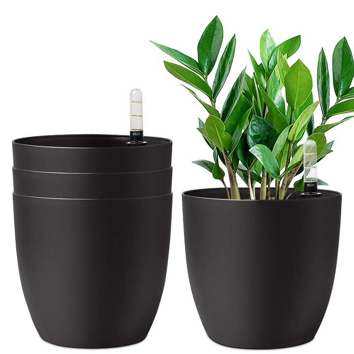 T4U 22cm Selbstwässernder Blumentopf mit Wasseranzeiger Schwarz 4er-Set, Selbstbewässerung Wasserspe