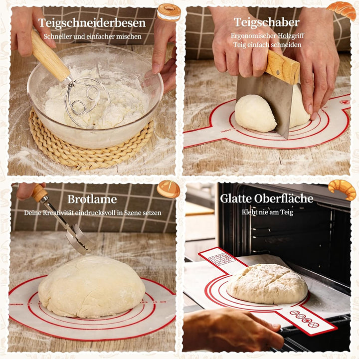 Komplettes Gärkörbchen Sauerteig Starter Set, 700ml Sauerteig Glas mit Gärkorb rund und oval, Spatel