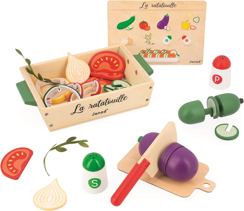 Janod Janod-Ratatouille-Spielset-32 Küchenzubehörteile-Rezept + Utensilien + Gemüse-Rollenspielzeug-