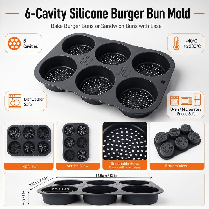 Burger Buns Backform Silikon Rund,Bun Formen,6 Hohlräume Easy Release Backformen faltbar wiederverwe