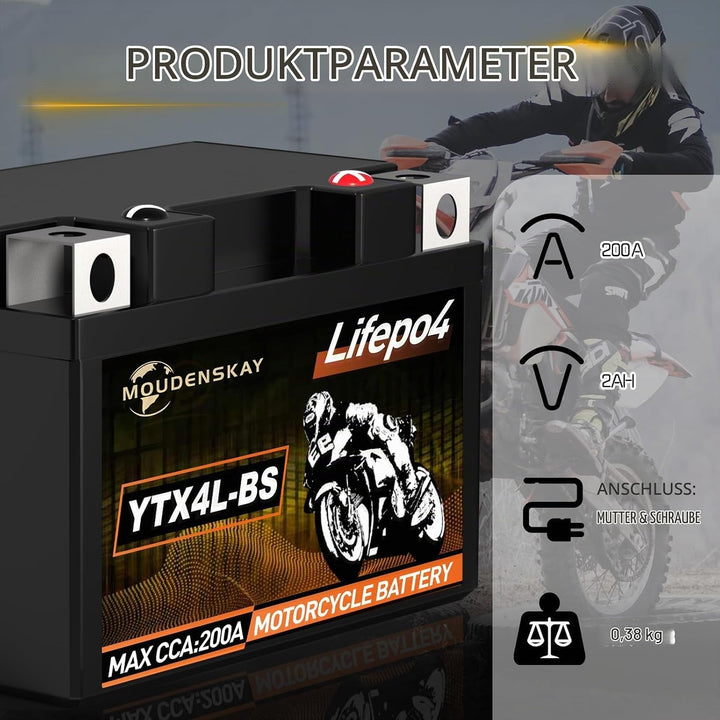 MOUDENSKAY Lithium Motorrad Batterie 12V Lithium Powersports Batterie mit BMS (YTX4L-BS 12.8V 2Ah 20