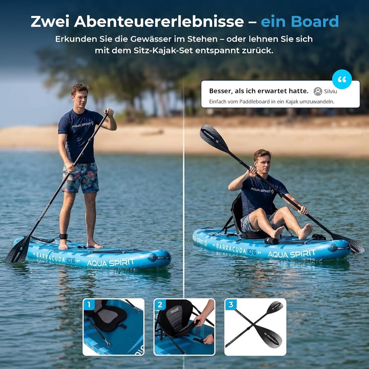AQUA SPIRIT SUP Aufblasbare Boards für Stand-Up Paddling Paddel Board Set Mit verstellbarem Paddle,
