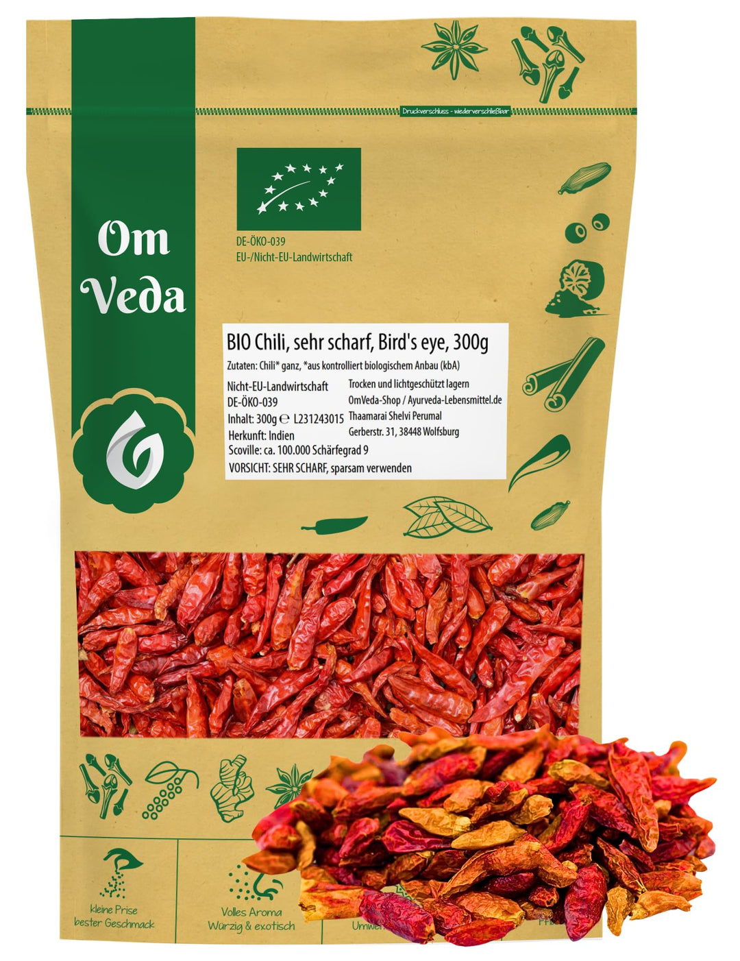 BIO Chilischoten | Birds Eye Chili Ganz | Sehr Scharf Schärfegrad 9 | Rote Getrocknete Chili Schoten