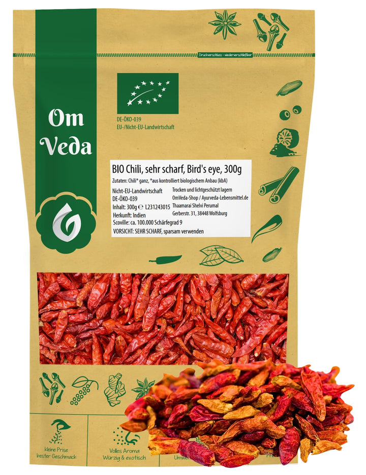 BIO Chilischoten | Birds Eye Chili Ganz | Sehr Scharf Schärfegrad 9 | Rote Getrocknete Chili Schoten